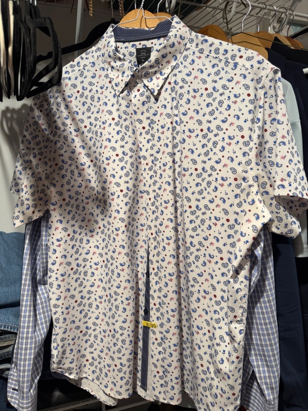 Men's White Paisley Button-Down Shirt with Blue & Red Print
